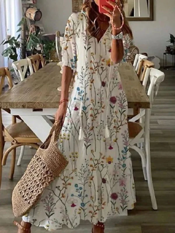 Women's Dresses V-Neck Printed Beard Mid-Sleeve Maxi Dress Elegant Maxi Dress with Ruffles