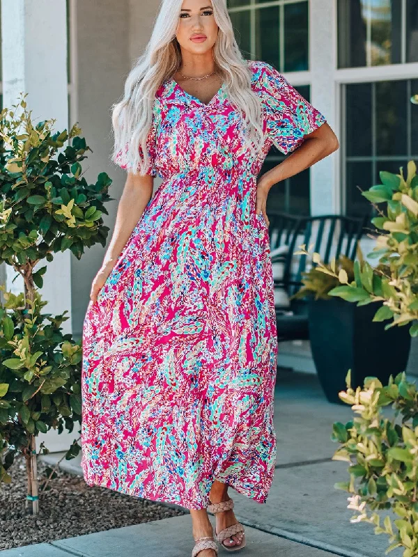 Vintage Print Puff Sleeve Maxi Dress Cozy Maxi Dress with Slit