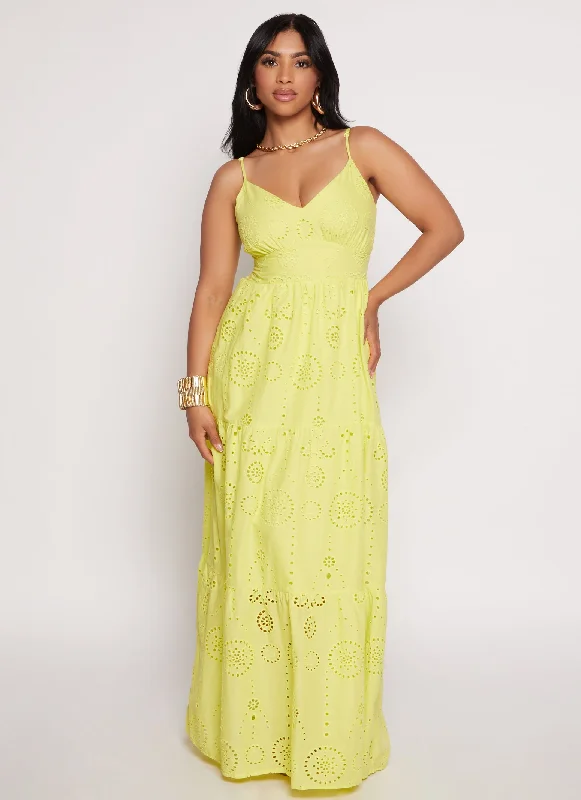 Eyelet Tie Back Tiered Maxi Dress Casual Maxi Dress with Pockets