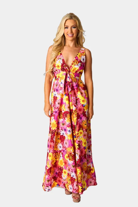 Zena Plunging Neck Maxi Dress - Sunshine Elegant Maxi Dress with Slit