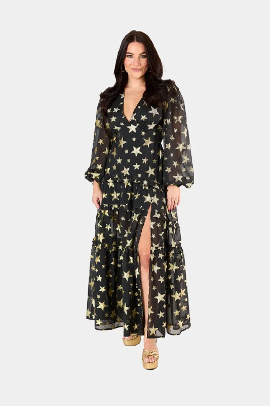 Zodiak Long Sleeve Maxi Dress - Super Nova Trendy Ruffled Maxi Dress