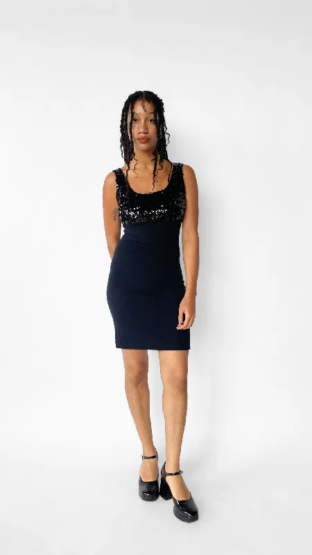 1990s Black Sequin Knit Mini Dress, sz. S/M Fashionable Off-Shoulder Mini Dress