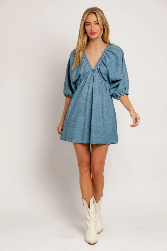 Adorable In Denim Balloon Sleeve Mini Dress Chic Bohemian Mini Dress
