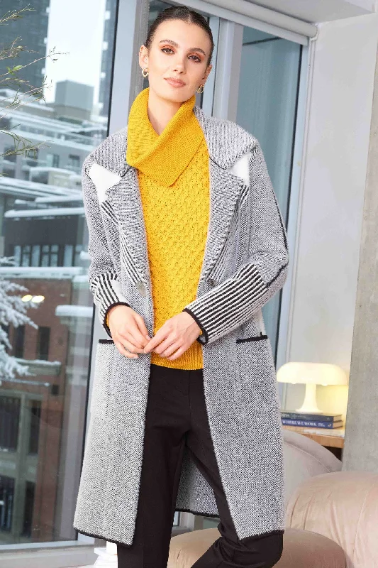 Alison Sheri A44286 Jacket Long-Line Knit Black White One-Shoulder Jacket Off-the-Shoulder Jacket Asymmetrical Jacket