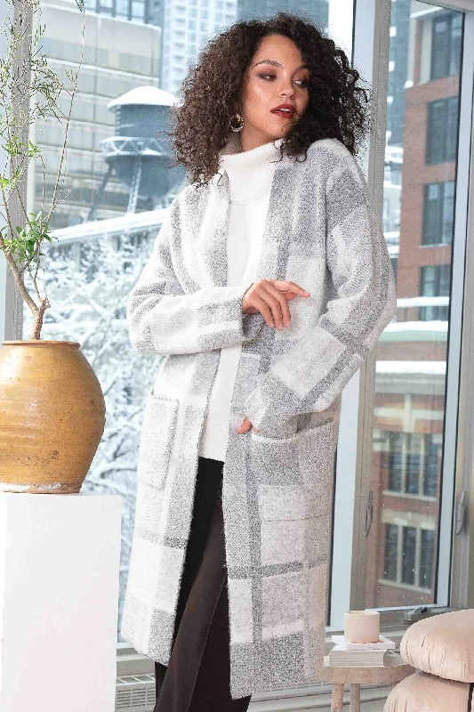 Alison Sheri A44291 Jacket Knit Checked Grey Welt Pockets Slit Pockets Flap Pockets Alison Sheri A44291 Jacket Knit Checked Grey Welt Pockets Slit Pockets Flap Pockets