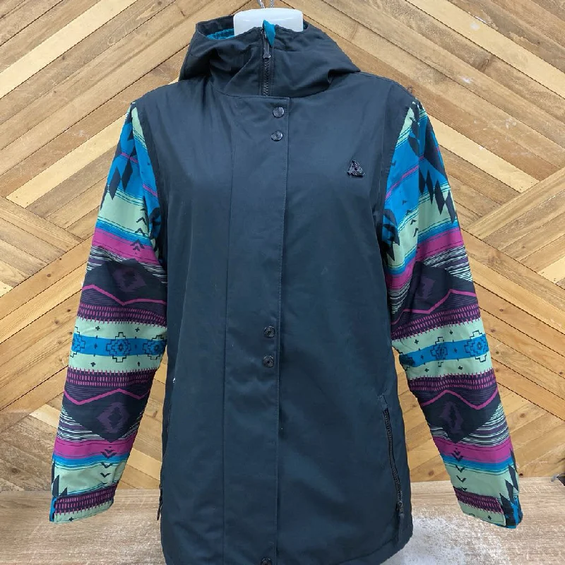 Aperture - Women's Insulated Ski Jacket : Black/Arm Pattern-women-LG Toggled Jacket Drawstring Jacket Belted Jacket Aperture - Women's Insulated Ski Jacket : Black/Arm Pattern-women-LG Toggled Jacket Drawstring Jacket Belted Jacket