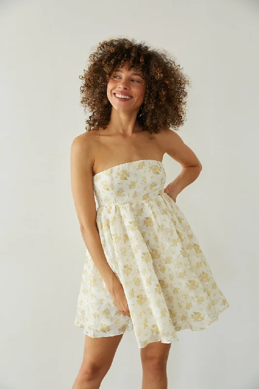Bella Floral Strapless Babydoll Mini Dress Fashionable Pleated Mini Dress