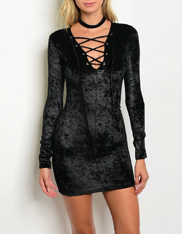 Black Velvet Mini Dress Lace Up Long Sleeve Crushed Bodycon Sexy Small Comfortable Polka Dot Mini Dress