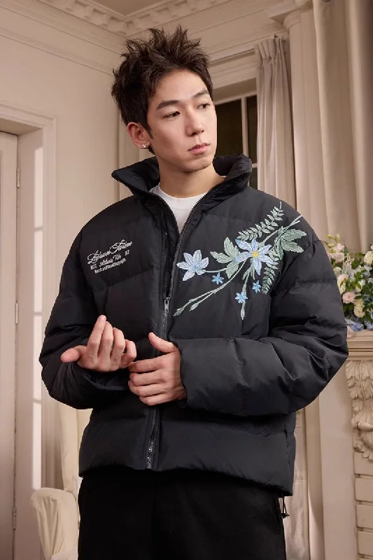 Blue Floral Embroidery Graphene Jacket Tiered Jacket Buttoned Jacket Zippered Jacket