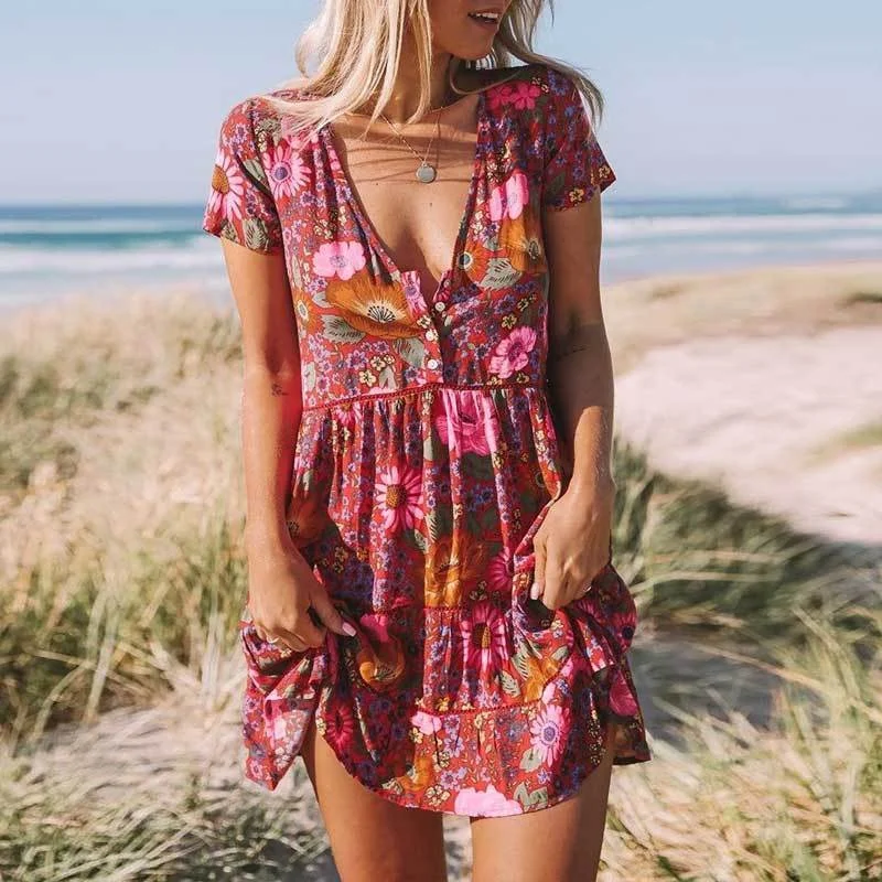 Boho Daisy Floral Print Mini Dress Trendy Cut-Out Mini Dress