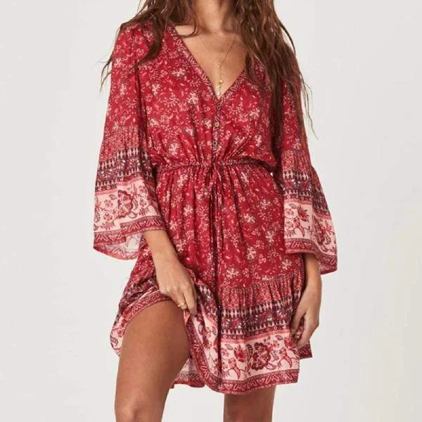 Boho Floral Print Mini Dress Comfortable One-Shoulder Mini Dress