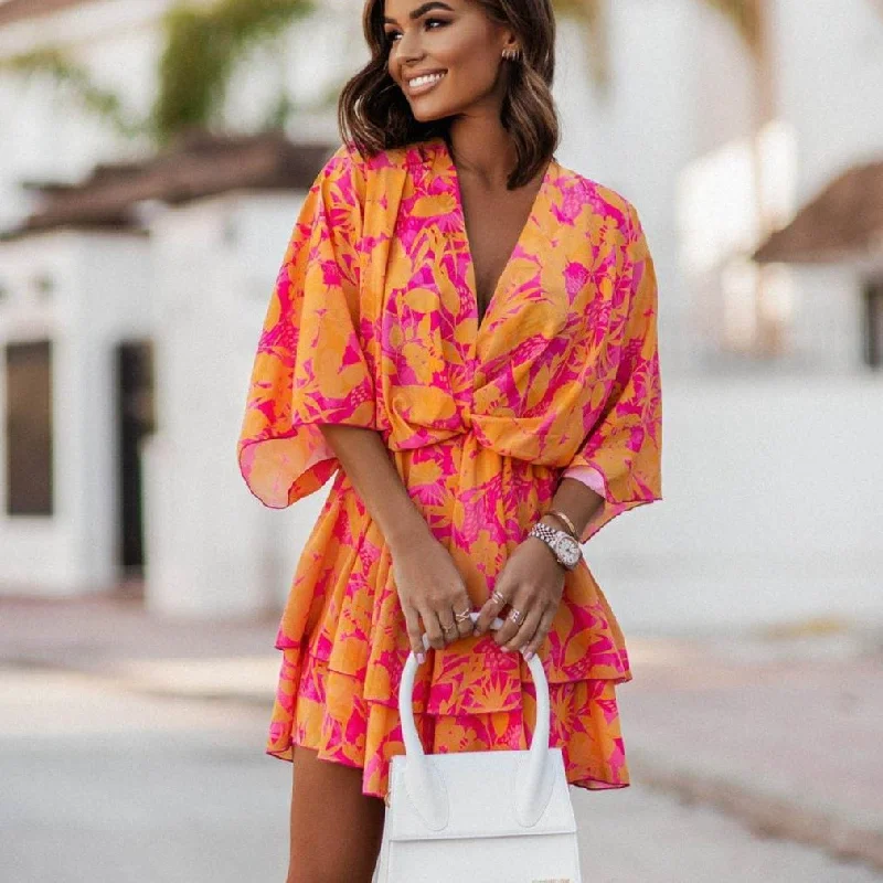 Boho Floral Ruffle Mini Dress Chic Tropical Mini Dress