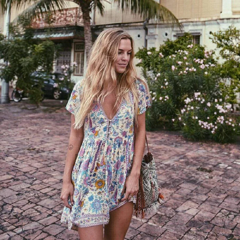 Boho Vintage Floral Print Mini Dress Cozy Wraparound Mini Dress