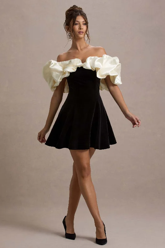 Brynne | Black & Cream Velvet Mini Dress With Satin Puff Sleeves Stylish Short-Sleeve Mini Dress