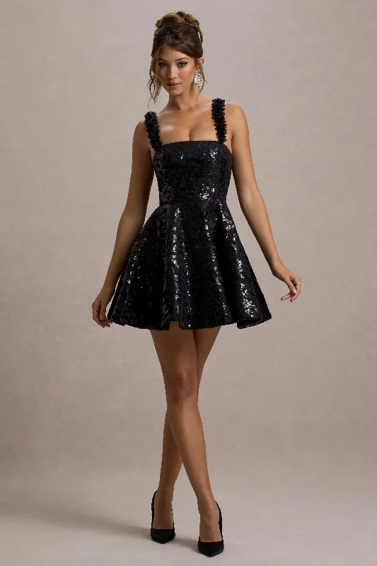 Carena | Black Sequin Lace Floral Skater Mini Dress Trendy Off-Shoulder Dress Mini