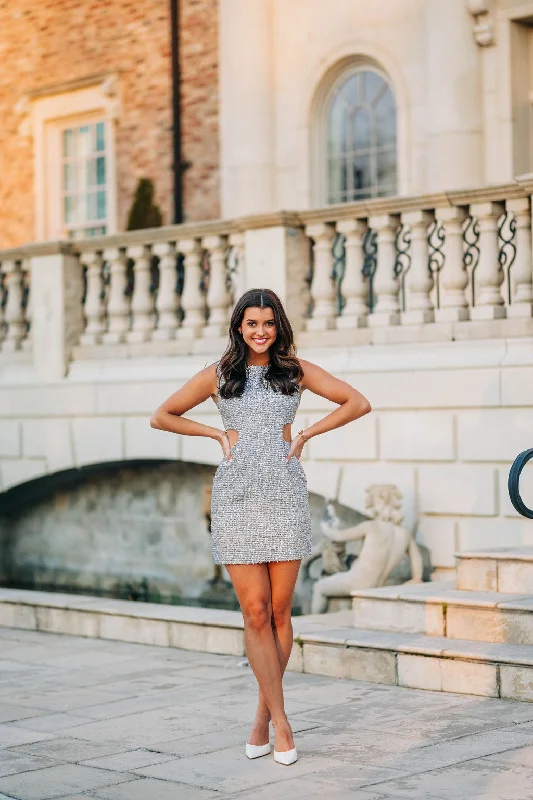 Besset Tweed Mini Dress - Silver Comfortable Boho Mini Dress