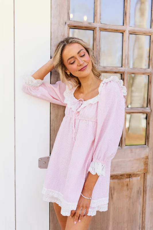 Sydney Mini Dress - Pink Mini Check Chic Pleated Mini Dress