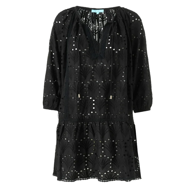 Cotton Mini Dress With Eyelet Detail in Black - Ashley Kaftan Black Trendy Mini Dress with Belt