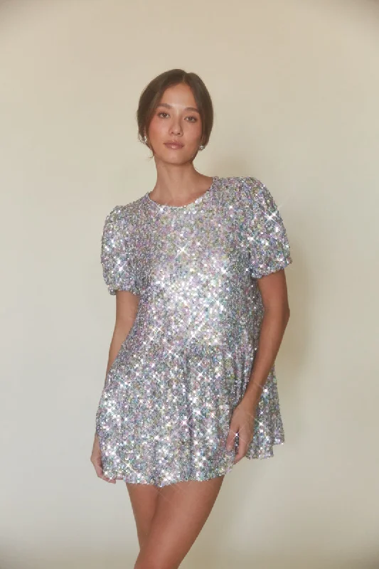 Elika Puff Sleeve Sequin Babydoll Mini Dress Trendy Crossover Mini Dress