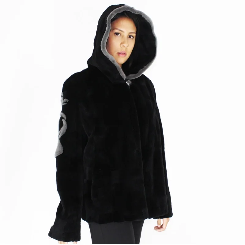 FI Colored black shaved nutria pieces with hood jacket Jacket Blazer Coat