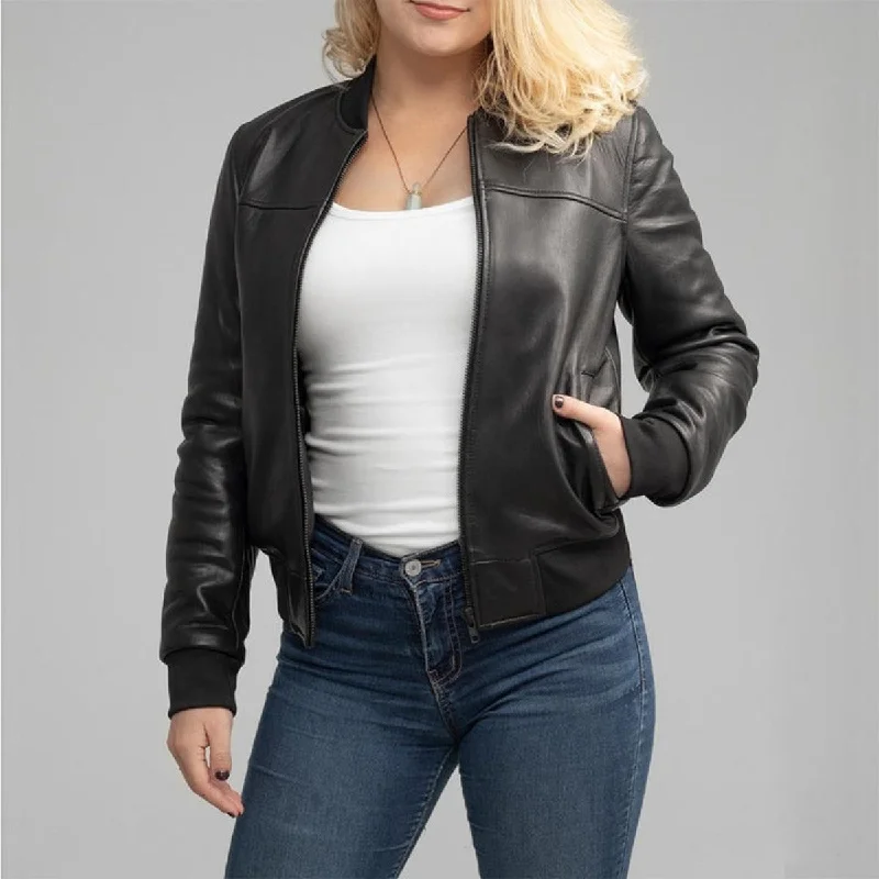 First Manufacturing Dani - Women's Leather Bomber Jacket, Black Wool Fabric Cashmere Fabric Tweed Fabric First Manufacturing Dani - Women's Leather Bomber Jacket, Black Wool Fabric Cashmere Fabric Tweed Fabric