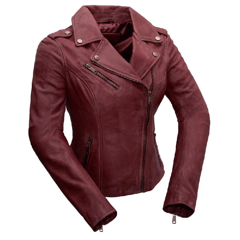 First Manufacturing Harper - Women's Leather Jacket, Sangria Front Pockets Side Pockets Patch Pockets First Manufacturing Harper - Women's Leather Jacket, Sangria Front Pockets Side Pockets Patch Pockets