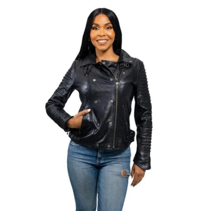First Manufacturing Queens - Women's Fashion Lambskin Leather Jacket, Black A-Line Jacket Boat Neck Shawl Collar First Manufacturing Queens - Women's Fashion Lambskin Leather Jacket, Black A-Line Jacket Boat Neck Shawl Collar
