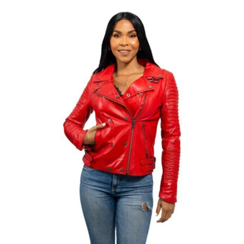 First Manufacturing Queens - Women's Fashion Lambskin Leather Jacket, Fire Red Striped Jacket Polka Dot Jacket Floral Jacket First Manufacturing Queens - Women's Fashion Lambskin Leather Jacket, Fire Red Striped Jacket Polka Dot Jacket Floral Jacket