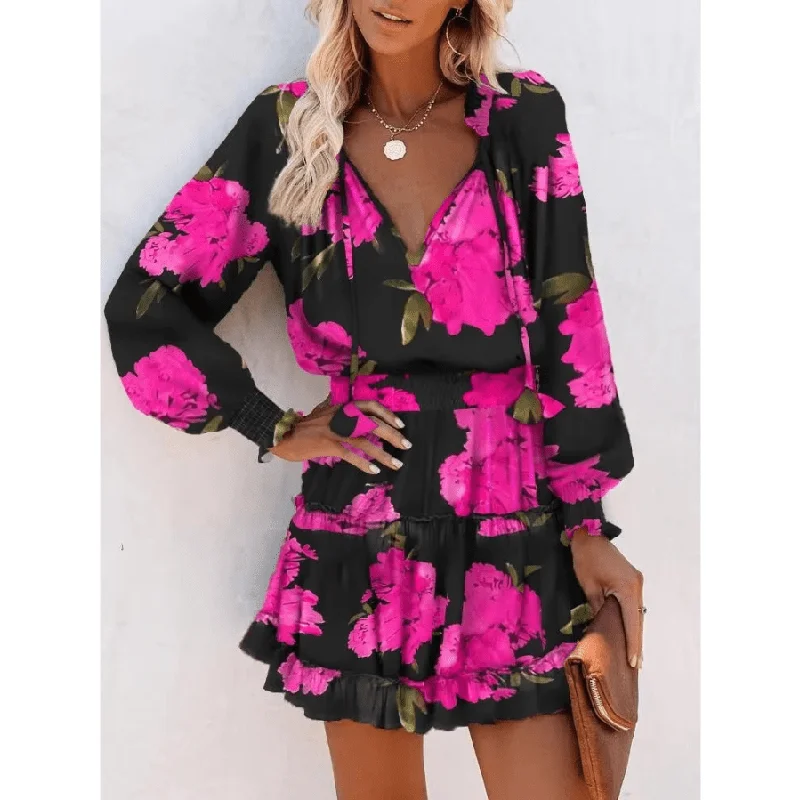 Floral Print Long Sleeve Mini Dress Cozy Sweater Mini Dress