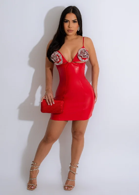 Flowers Diamonds Faux Leather Mini Dress Red Cozy A-Line Mini Dress