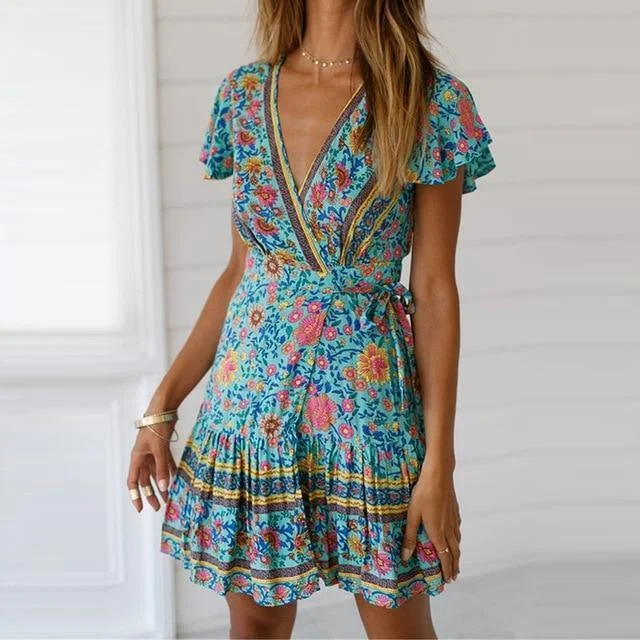 Green Boho Floral Print Mini Dress Comfortable Polka Dot Mini Dress