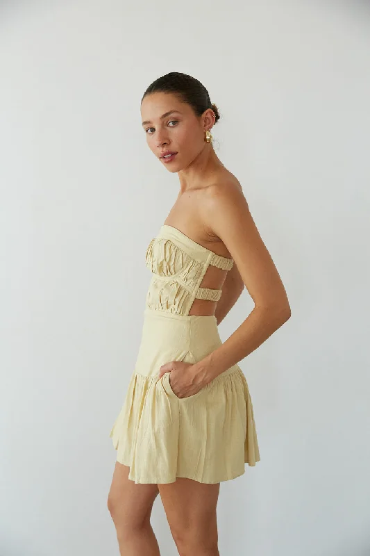 Indie Strapless Open Back Linen Mini Dress Comfortable Zip-Up Mini Dress