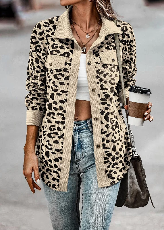 Leopard Print Corduroy Shirt Jacket - Trendy Long Sleeve Women’s Button-Up Coat Denim Fabric Leather Fabric Suede Fabric Leopard Print Corduroy Shirt Jacket - Trendy Long Sleeve Women’s Button-Up Coat Denim Fabric Leather Fabric Suede Fabric