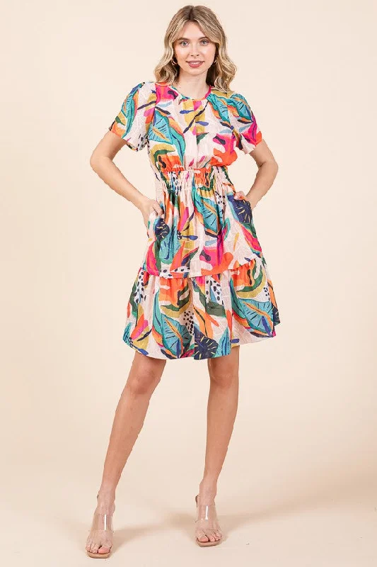 Lime 'N' Chili Abstract Print Mini Dress in Fuchsia Combo Modern Satin Mini Dress