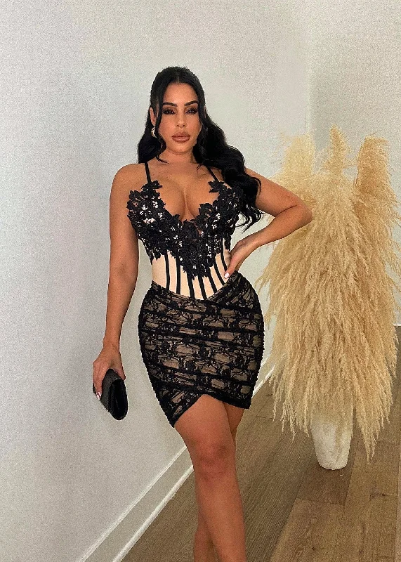 Love Couple Lace Bandage Mini Dress Black Elegant Off-Shoulder Dress Mini