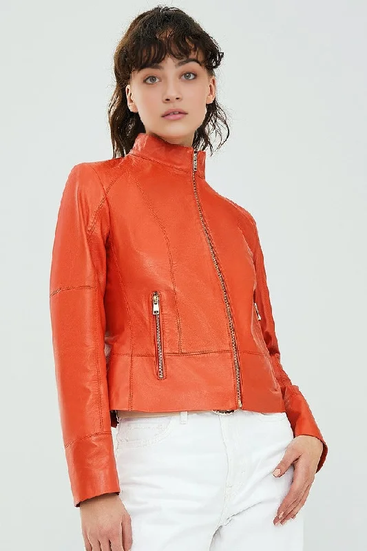 Mariahkay Orange Leather Jacket For Women Embroidered Jacket Appliqued Jacket Beaded Jacket Mariahkay Orange Leather Jacket For Women Embroidered Jacket Appliqued Jacket Beaded Jacket