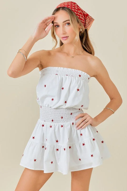 Mays Embroidered Red Star Romper Mini Dress Comfortable Boho Mini Dress