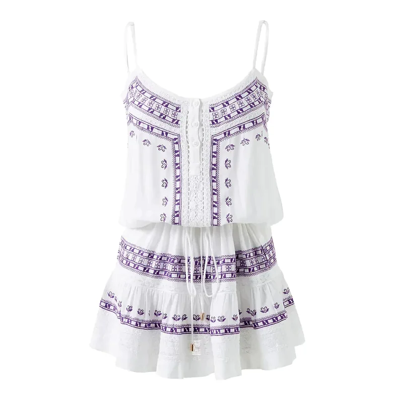 Embroidered White Mini Dress - Karen Dress in Violet/White Classic White Mini Dress