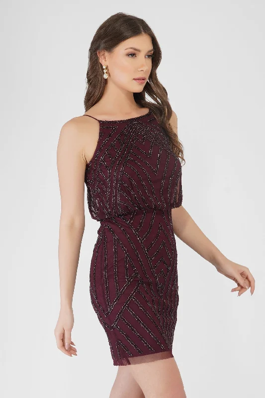Mina Embellished Mini Dress in Burgundy Stylish Summer Mini Dress