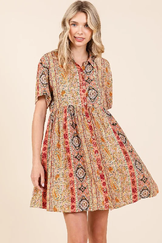 Mittoshop Boho Paisley Striped Print Mini Dress in Rust Multi Stylish Ruffle Mini Dress