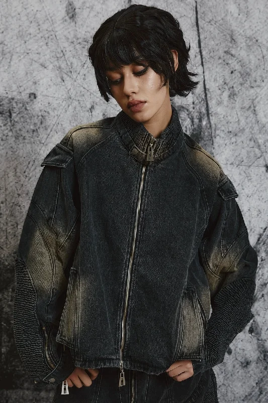 NOLM Washed Wrinkled Denim Jacket Appliqued Jacket Beaded Jacket Sequined Jacket