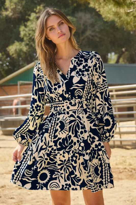Oddi Tropical Print Mini Dress in Navy White Combo Fashionable Pleated Mini Dress