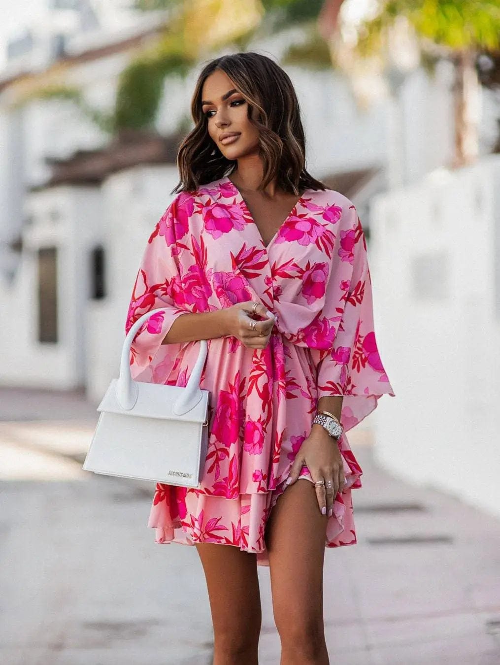 Pink Boho Floral Mini Dress Casual Button-Up Mini Dress