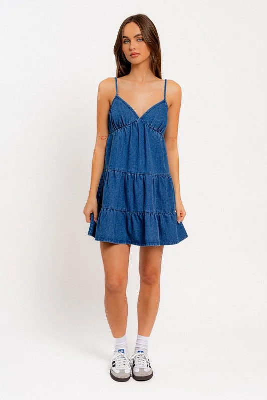 Ready to Charm Tiered Denim Mini Dress Elegant Lace-Up Mini Dress