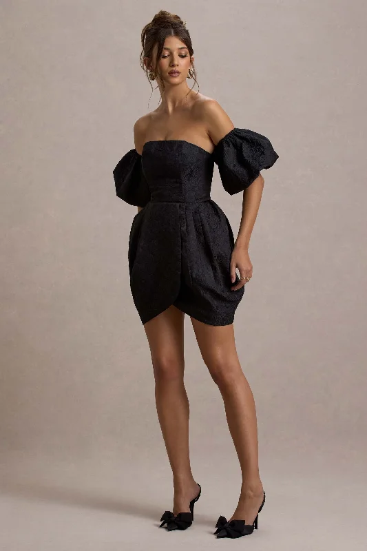 Ramone | Black Bardot Mini Dress With Tulip Hem Comfortable Wrap Mini Dress