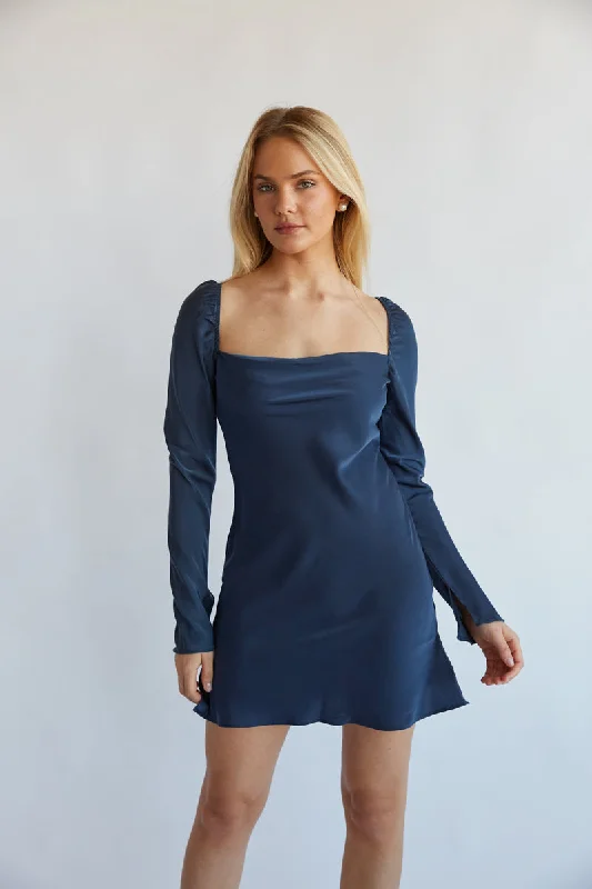 Raven Open Back Long Sleeve Mini Dress Cozy Satin Mini Dress