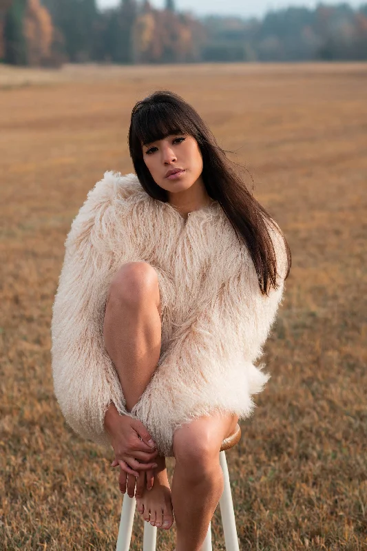 Shearling Jacket Sweet Eclair A-Line Jacket Boat Neck Shawl Collar