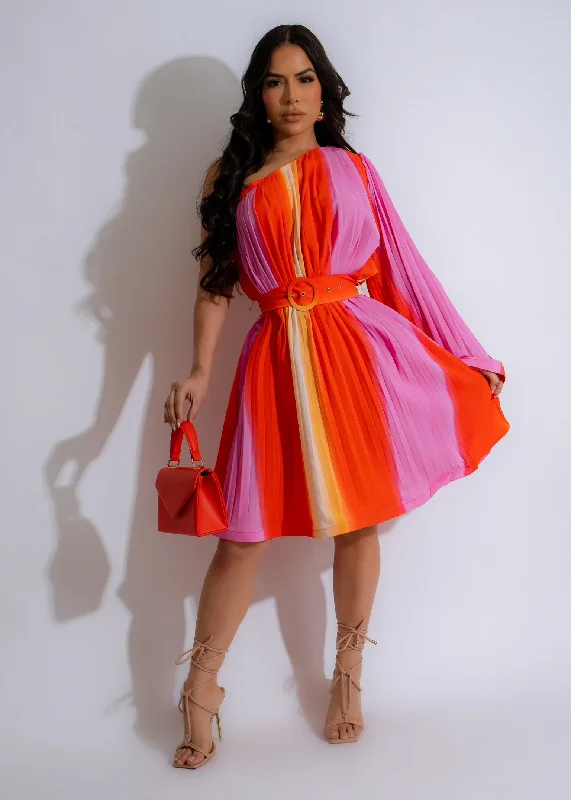 Sunset Day Pleated Mini Dress Orange Elegant Sequin Mini Dress