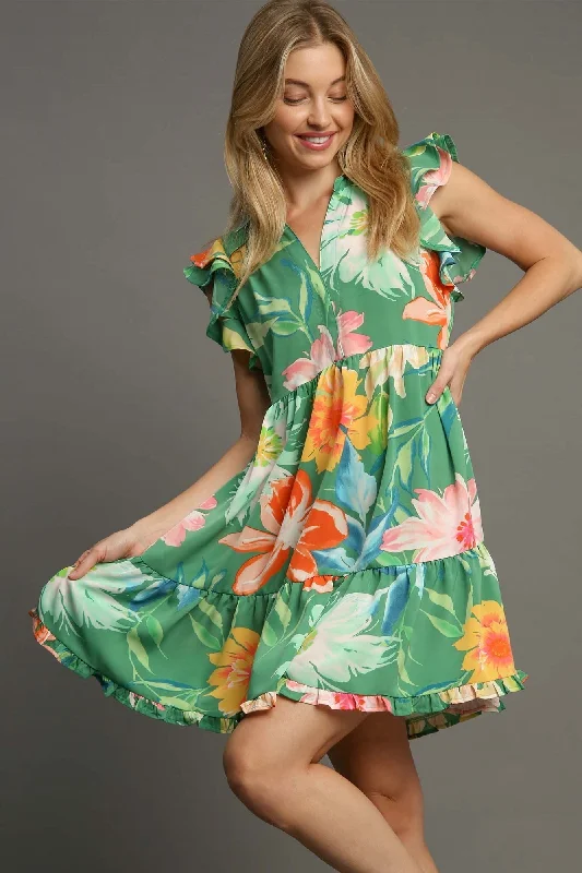 Umgee Floral Print Collared Mini Dress in Sage Mix Classic Floral Mini Dress