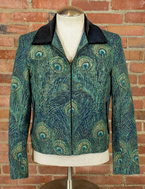 Vintage 70s Granny Takes a Trip Peacock Jacket with Black Velvet Accents Small Knit Fabric Woven Fabric Fleece Fabric Vintage 70s Granny Takes a Trip Peacock Jacket with Black Velvet Accents Small Knit Fabric Woven Fabric Fleece Fabric